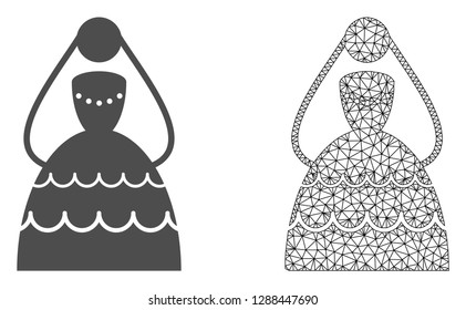 Polygonal mesh bride and flat icon are isolated on a white background. Abstract black mesh lines, triangles and nodes forms bride icon.