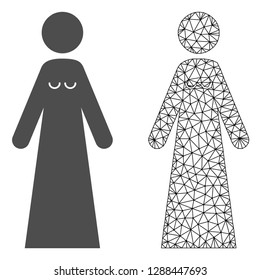 Polygonal mesh bride and flat icon are isolated on a white background. Abstract black mesh lines, triangles and nodes forms bride icon.