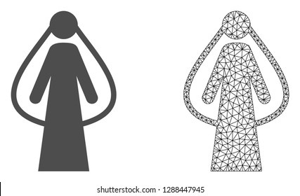 Polygonal mesh bride and flat icon are isolated on a white background. Abstract black mesh lines, triangles and dots forms bride icon.