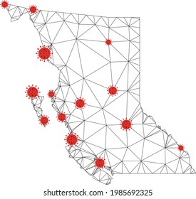 Polygonal mesh British Columbia Province map with coronavirus centers. Abstract mesh connected lines and covid viruses form British Columbia Province map.