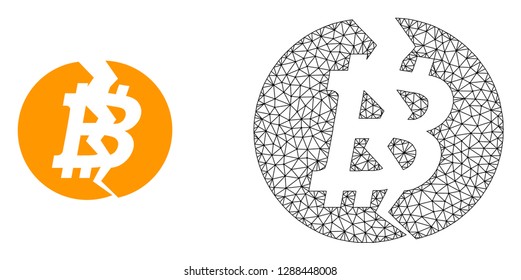 Polygonal mesh broken bitcoin and flat icon are isolated on a white background. Abstract black mesh lines, triangles and dots forms broken bitcoin icon.