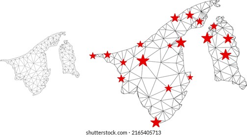 Polygonal mesh Brunei map with red star centers. Abstract mesh connected lines and stars form Brunei map. Vector wireframe flat polygonal network in black and red colors.