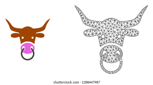 Polygonal mesh bull head and flat icon are isolated on a white background. Abstract black mesh lines, triangles and nodes forms bull head icon.