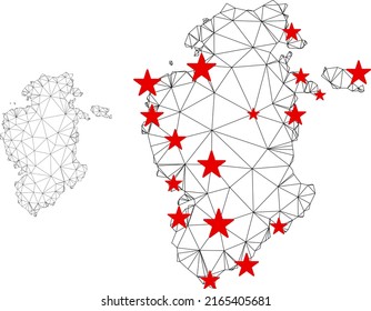 Polygonal mesh Burgos Province map with red star centers. Abstract mesh connected lines and stars form Burgos Province map. Vector wire frame flat polygonal network in black and red colors.