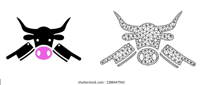 Polygonal mesh butchery and flat icon are isolated on a white background. Abstract black mesh lines, triangles and dots forms butchery icon.