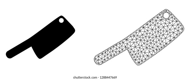 Polygonal mesh butchery knife and flat icon are isolated on a white background. Abstract black mesh lines, triangles and dots forms butchery knife icon.