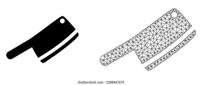 Polygonal mesh butchery knife and flat icon are isolated on a white background. Abstract black mesh lines, triangles and dots forms butchery knife icon.