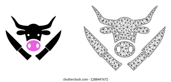 Polygonal mesh butchery knives and flat icon are isolated on a white background. Abstract black mesh lines, triangles and nodes forms butchery knives icon.