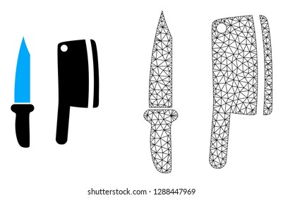 Polygonal mesh butchery knives and flat icon are isolated on a white background. Abstract black mesh lines, triangles and nodes forms butchery knives icon.