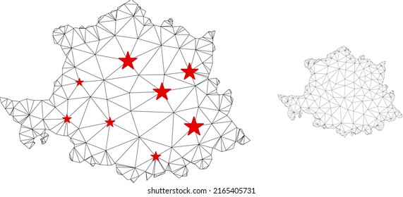 Polygonal mesh Caceres Province map with red star centers. Abstract network connected lines and stars form Caceres Province map. Vector wireframe flat polygonal network in black and red colors.
