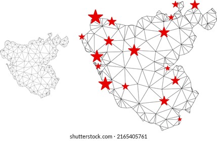 Polygonal mesh Cadiz Province map with red star centers. Abstract mesh connected lines and stars form Cadiz Province map. Vector wireframe flat polygonal network in black and red colors.