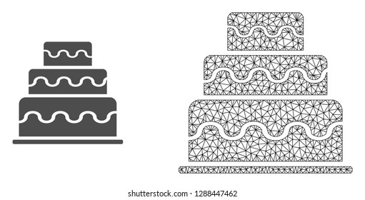 Polygonal mesh cake and flat icon are isolated on a white background. Abstract black mesh lines, triangles and nodes forms cake icon.