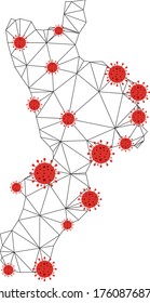 Polygonale Masche Kalabrien Region Karte mit Coronavirus-Zentren. Abstrakte Netzwerkverbindungen und covid-2019 Viren bilden die Karte der Region Kalabrien.