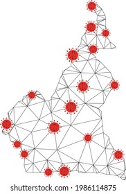 Polygonal mesh Cameroon map with coronavirus centers. Abstract network connected lines and covid viruses on Cameroon map. Vector wireframe flat triangular network in black and red colors.