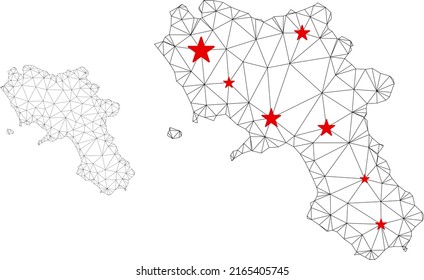 Polygonal mesh Campania region map with red star centers. Abstract mesh connected lines and stars form Campania region map. Vector wireframe flat polygonal network in black and red colors.