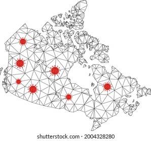 Polygonal mesh Canada map with coronavirus centers. Abstract network lines, triangles and covid viruses on Canada map. Vector wire frame flat polygonal network in black and red colors.