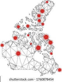 Polygonal mesh Canada v2 map with coronavirus centers. Abstract mesh connected lines and covid- 2019 viruses form Canada v2 map. Vector wireframe flat polygonal network in black and red colors.