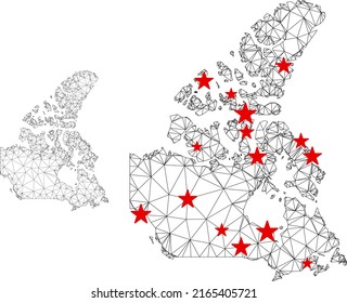 Polygonal mesh Canada v2 map with red star centers. Abstract mesh connected lines and stars form Canada v2 map. Vector wire frame 2D polygonal network in black and red colors.