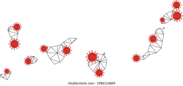 Polygonal mesh Canarian Spain Islands map with coronavirus centers. Abstract network connected lines and flu viruses on Canarian Spain Islands map.