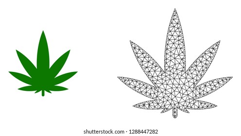 Polygonal mesh cannabis and flat icon are isolated on a white background. Abstract black mesh lines, triangles and dots forms cannabis icon.