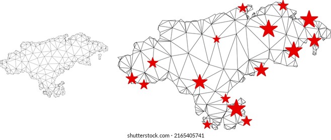 Polygonal mesh Cantabria Province map with red star centers. Abstract mesh connected lines and stars form Cantabria Province map. Vector wireframe flat polygonal network in black and red colors.