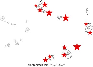 Polygonal mesh Cape Verde Islands map with red star centers. Abstract mesh connected lines and stars form Cape Verde Islands map. Vector wireframe flat triangular network in black and red colors.