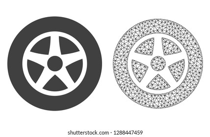 Polygonal mesh car wheel and flat icon are isolated on a white background. Abstract black mesh lines, triangles and dots forms car wheel icon.
