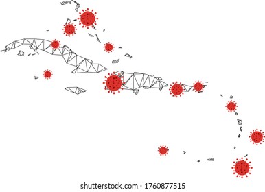 Mapa de malla poligonal de las Islas del Caribe con centros de coronavirus. Resumen de las líneas conectadas en malla y los virus covid- 2019 forman el mapa de las islas del Caribe.
