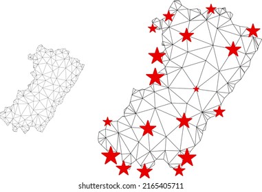 Polygonal mesh Castellon Province map with red star centers. Abstract network connected lines and stars form Castellon Province map. Vector wireframe flat polygonal network in black and red colors.