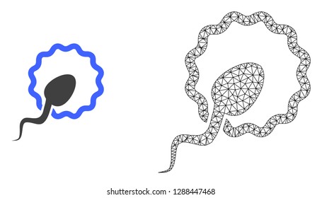 Polygonal mesh cell insemination and flat icon are isolated on a white background. Abstract black mesh lines, triangles and dots forms cell insemination icon.