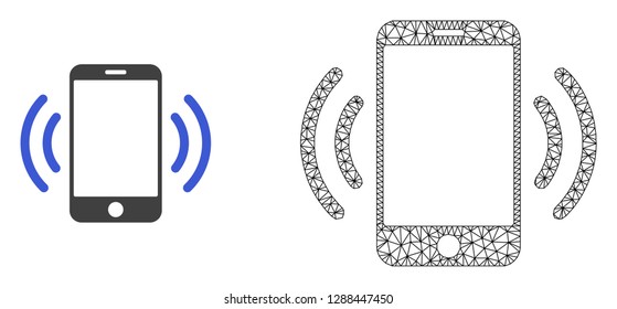 Polygonal mesh cellphone vibration and flat icon are isolated on a white background. Abstract black mesh lines, triangles and nodes forms cellphone vibration icon.