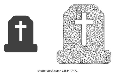 Polygonal mesh cemetery and flat icon are isolated on a white background. Abstract black mesh lines, triangles and dots forms cemetery icon.