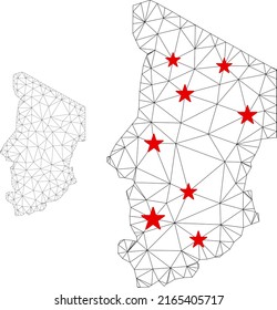 Polygonal mesh Chad map with red star centers. Abstract network connected lines and stars form Chad map. Vector wire frame 2D polygonal network in black and red colors.