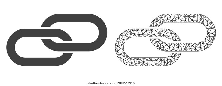 Polygonal mesh chain and flat icon are isolated on a white background. Abstract black mesh lines, triangles and nodes forms chain icon.