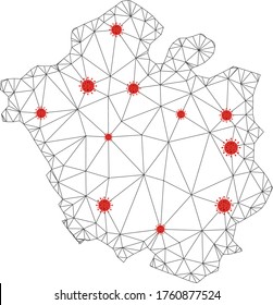 Mapa poligonal de la ciudad de Chandigarh con centros de coronavirus. Resumen de líneas conectadas en malla y virus de la gripe en el mapa de la ciudad de Chandigarh. Red poligonal 2D del marco de cables vectores en colores negro y rojo.