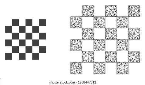 Polygonal mesh chess board and flat icon are isolated on a white background. Abstract black mesh lines, triangles and nodes forms chess board icon.