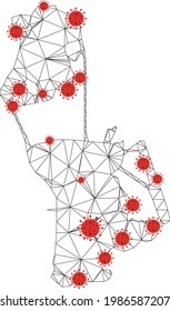 Polygonal mesh Chinese Macau map with coronavirus centers. Abstract network connected lines and covid viruses on Chinese Macau map. Vector wireframe flat polygonal network in black and red colors.