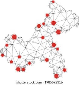 Mapa poligonal de la ciudad de Chongqing con centros de coronavirus. Resumen de líneas conectadas a la red y virus de la gripe en el mapa de la ciudad de Chongqing. Red poligonal 2D del marco de cables vectores en colores negro y rojo.
