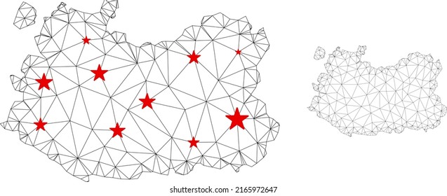 Polygonal mesh Ciudad Real Province map with red star centers. Abstract net connected lines and stars form Ciudad Real Province map. Vector wireframe flat polygonal network in black and red colors.