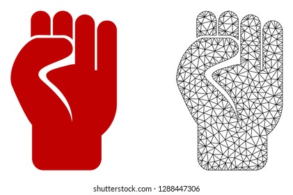 Polygonal mesh clenched fist and flat icon are isolated on a white background. Abstract black mesh lines, triangles and dots forms clenched fist icon.