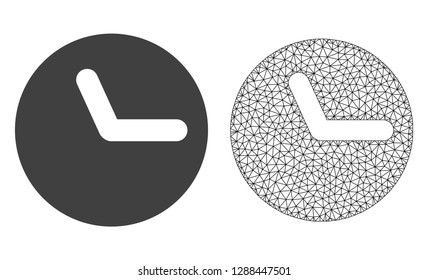 Polygonal mesh clock and flat icon are isolated on a white background. Abstract black mesh lines, triangles and nodes forms clock icon.