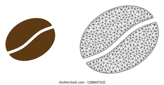 Polygonal mesh coffee bean and flat icon are isolated on a white background. Abstract black mesh lines, triangles and nodes forms coffee bean icon.