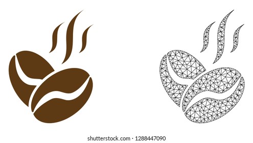 Polygonal mesh coffee beans aroma and flat icon are isolated on a white background. Abstract black mesh lines, triangles and dots forms coffee beans aroma icon.