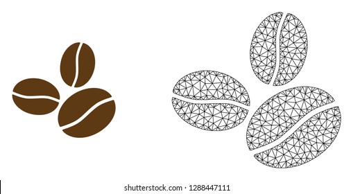 Polygonal mesh coffee beans and flat icon are isolated on a white background. Abstract black mesh lines, triangles and nodes forms coffee beans icon.