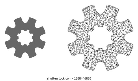 Polygonal mesh cog gear and flat icon are isolated on a white background. Abstract black mesh lines, triangles and nodes forms cog gear icon.