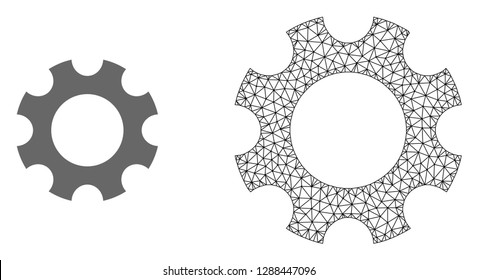 Polygonal mesh cogwheel and flat icon are isolated on a white background. Abstract black mesh lines, triangles and nodes forms cogwheel icon.