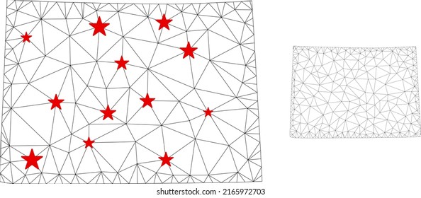 Mapa del estado de Colorado en malla poligonal con centros de estrellas rojas. Resumen de líneas conectadas en malla y estrellas del mapa del estado de Colorado. Vector wireframe red poligonal plana en color negro y rojo.