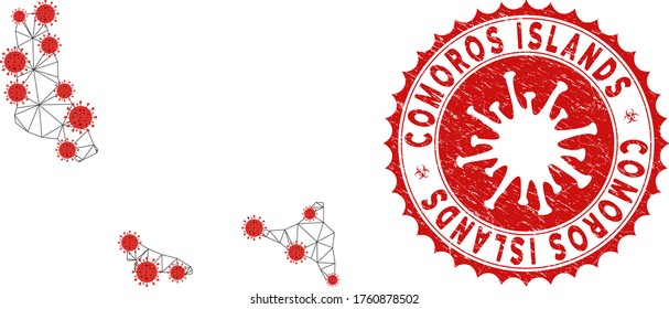 Mapa de las islas Comoras de malla poligonal con centros de coronavirus. Resumen de líneas conectadas a la red y virus cóvidos del mapa de las Islas Comoras.