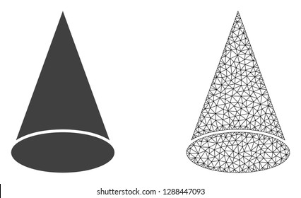 Polygonal mesh cone figure and flat icon are isolated on a white background. Abstract black mesh lines, triangles and dots forms cone figure icon.