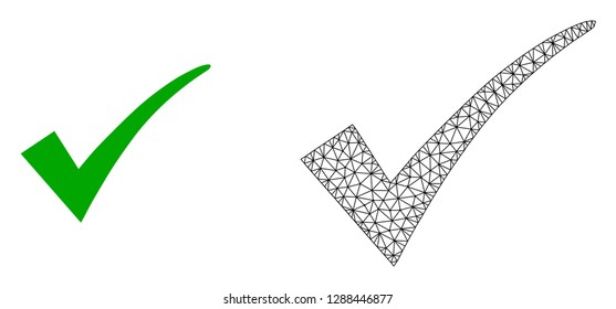 Polygonal mesh confirm tick and flat icon are isolated on a white background. Abstract black mesh lines, triangles and dots forms confirm tick icon.
